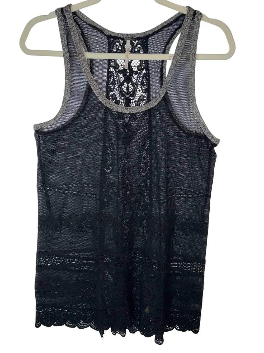 Free People Black Sheer Lace Mesh Longline Racerback Tunic Tank Top Crochet M